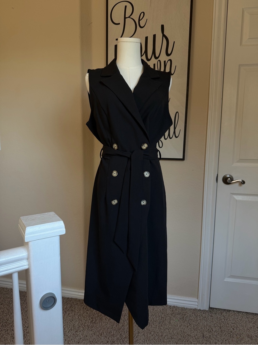 Black Sleeveless Double-Breasted Midi Dress with Belt